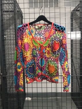 Colorful Crocheted Heart Openwork Cardigan by Reference Point
